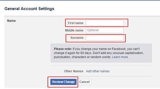 how to change name in facebook profile